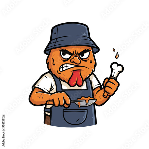 Cartoon angry butcher with meat knife.