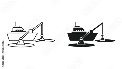 Fishing Boat with Crane and Net Icon - Outline and Filled Versions