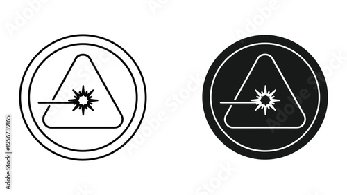Laser Warning Sign Icon: Red Triangle with Laser Beam and Starburst Effect, Line Art and Silhouette