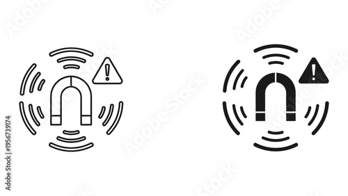 Magnet with Warning Sign and Magnetic Field Waves, Line and Solid Icons