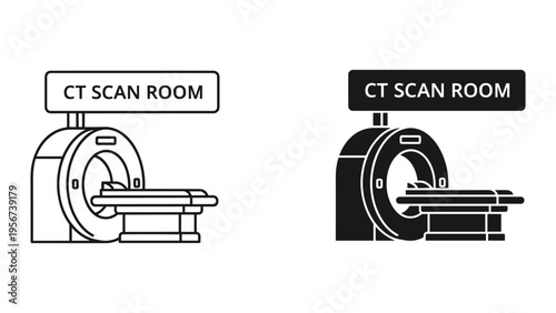 CT Scan Room Icon Set: Line Art and Silhouette Medical Imaging Equipment