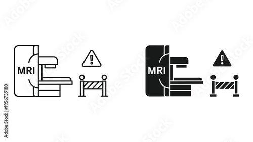 MRI Machine Icons with Warning Sign and Barrier, Line Art and Solid Black Styles