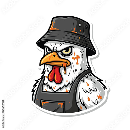 Angry Chicken Wearing Black Bucket Hat.