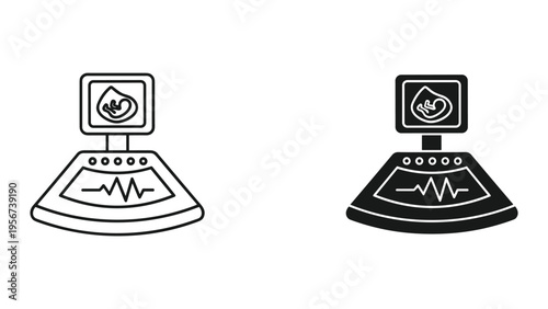 Ultrasound Machine Icon Showing Fetus and Heartbeat - Medical Diagnostic Equipment