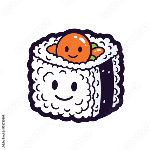 Smiling sushi roll with orange topping.