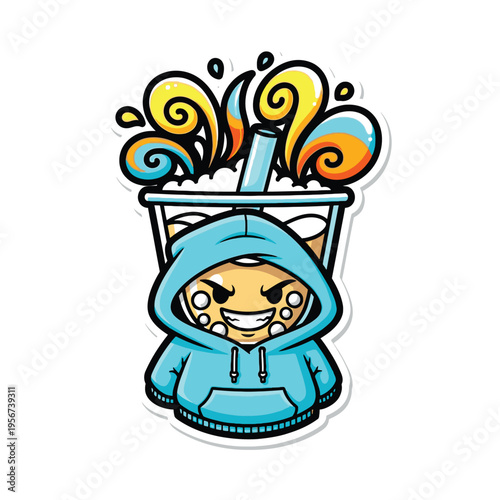 Smiling cartoon character in hoodie.