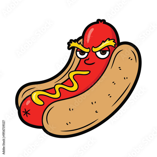 Angry Hot Dog Cartoon Character Closeup.