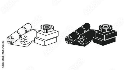Yoga and Meditation Accessories: Mats, Bolster, Blocks - Line Art and Silhouette Icons