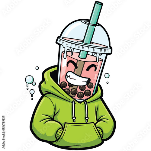 Cartoon Boba Tea Character Wearing Hoodie 1.