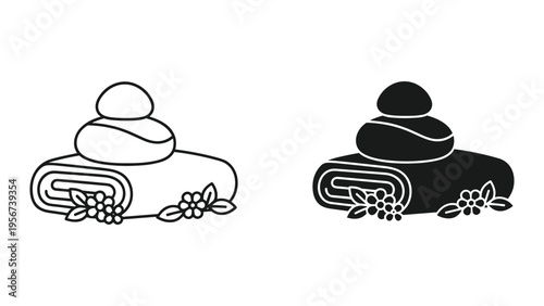 Zen spa icon set, balanced stones on folded towel with flowers, line art and solid silhouette