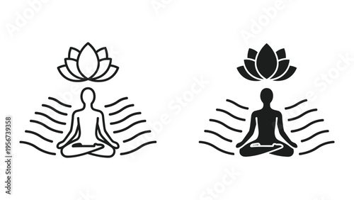 Zen Meditation Yoga Lotus Flower Silhouette and Outline Icons, Wellness and Mindfulness Symbols