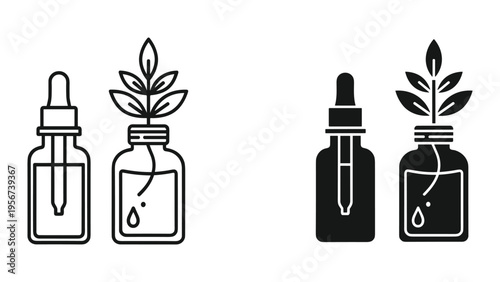 Natural Cosmetic Dropper Bottles with Plant Extracts Icons, Line Art and Solid Fill