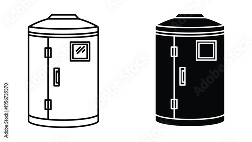 Water Heater Icon Set: Line Art and Solid Fill, Water Tank Symbols, Vector Illustration