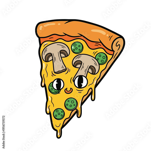 Cartoon pizza slice with mushrooms.
