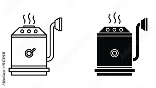 Steam Boiler Icon Set - Line Art and Silhouette of Industrial Steaming Machine