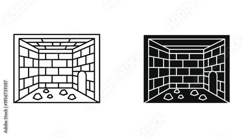 Dungeon Cell Icon Set: Line Art and Silhouette - Prison Room, Stone Walls, Entrance