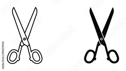 Two pairs of scissors, one outline, one solid black icon on white background