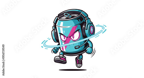 Cartoon robot wearing headphones running fast.