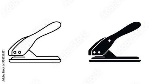 Icon Set: Black Silhouette and Outline of a Two-Hole Puncher for Office Supplies
