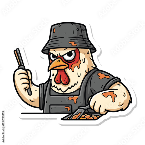 Angry chicken wearing black hat.