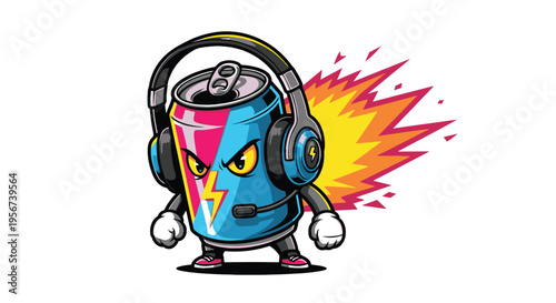 Cartoon soda can character wearing headphones.