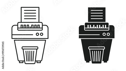 Paper Shredder Icon Set: Line Art and Solid Silhouette for Document Destruction