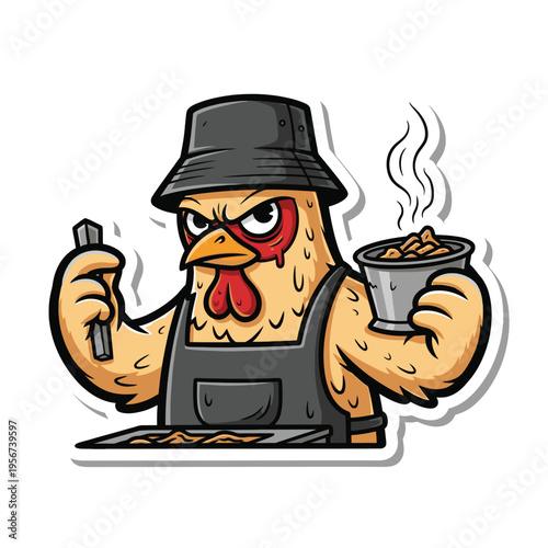 Cartoon chicken wearing apron holding food 1.