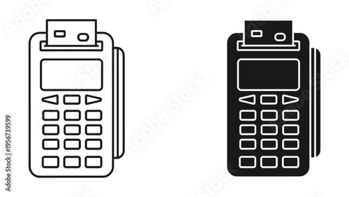 POS Machine with Credit Card and Keyboard Icons, Line Art and Solid Style
