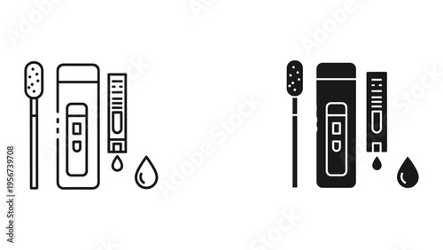COVID-19 rapid antigen test kit icons - sample swab, testing device, result cassette, and liquid drop