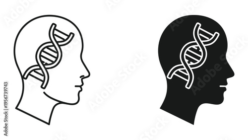 Human Head Profile with DNA Helix Inside - Black and White Icons