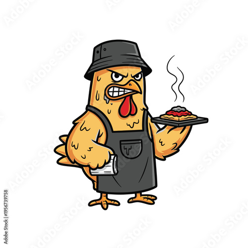 Angry chicken wearing apron holding food.