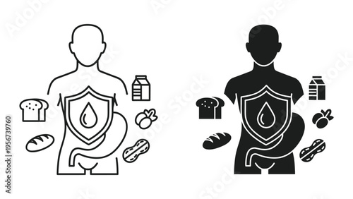 Food Allergy Icons: Human Body with Shield, Milk, Bread, Peanuts, and Berries. Allergy concept.
