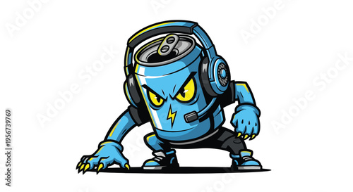 Blue robot wearing headphones looking angry.