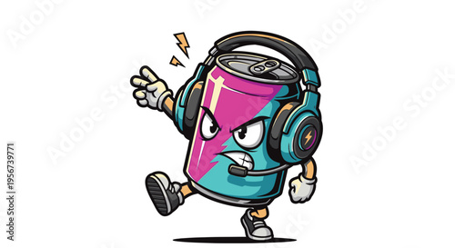 Cartoon soda can with headphones dancing.
