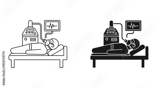 Patient on Ventilator in Hospital Bed with Heart Monitor - Line Art and Silhouette Icons