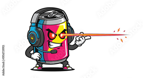 Cartoon soda can robot laser beam.
