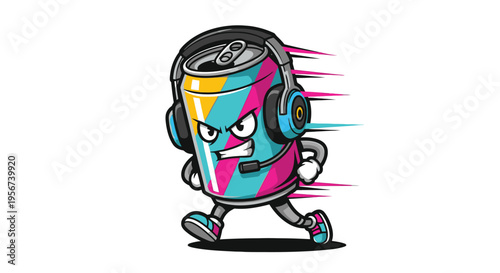 Cartoon soda can wearing headphones running.