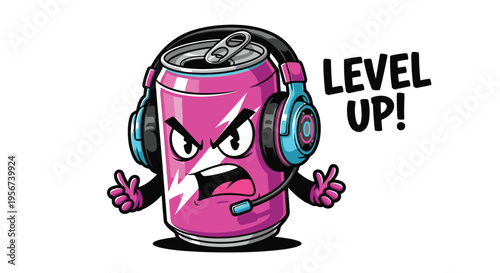 Angry pink soda can character gaming.