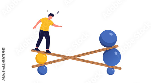 A Man Walking on a Balance Beam in a Precarious Position, Vector Illustration