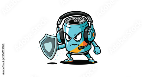 Cartoon Can with Headphones and Shield.