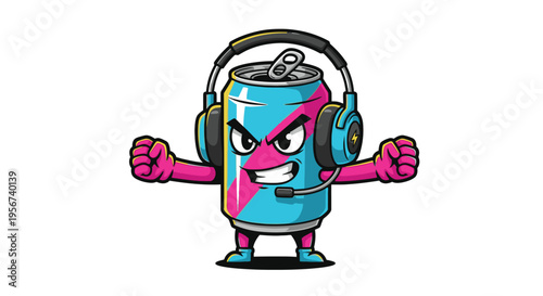 Cartoon Can With Headphones Smiling.