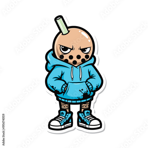Cartoon donut character wearing hoodie.