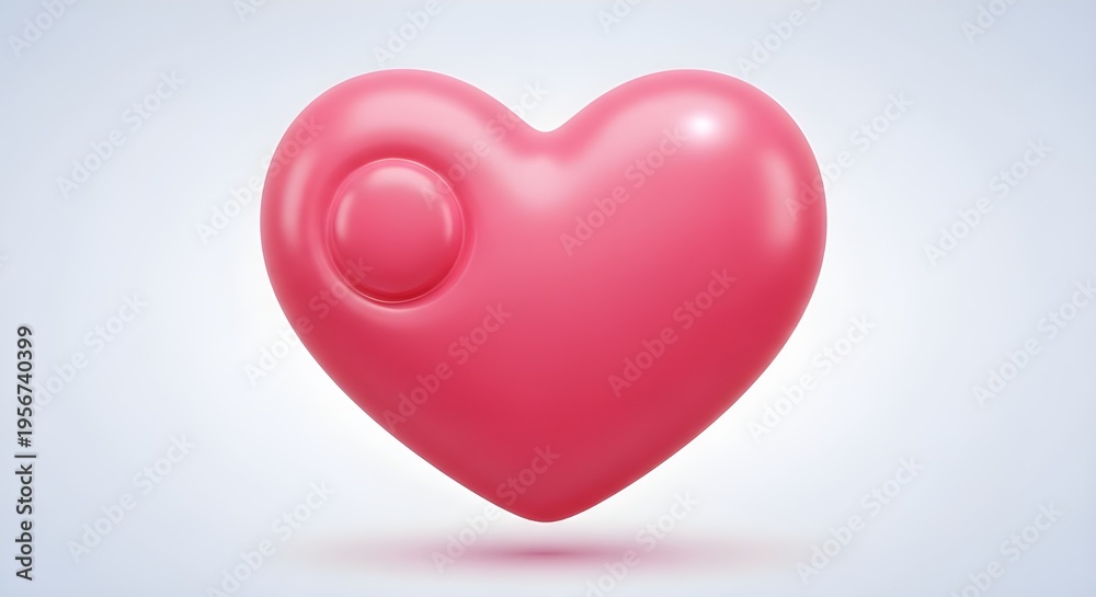 Obraz premium A glossy, 3D pink heart with a smooth, balloon-like texture. It features a unique circular indentation or button on the left side and floats against a clean, light gray background with a soft shadow.