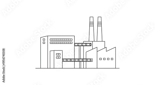 Industrial factory building with smokestacks.