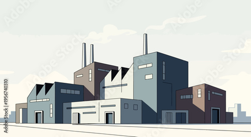 Industrial factory buildings with smokestacks.