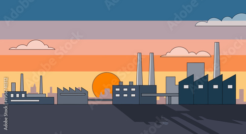 Industrial Factory Buildings At Sunset.