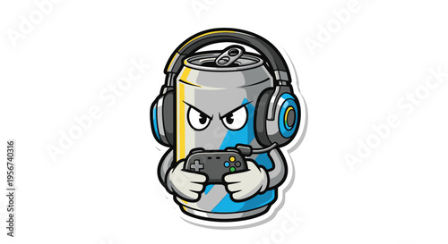 Cartoon soda can wearing headphones playing.