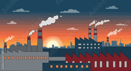 Industrial Factory Buildings With Smoking Stacks.