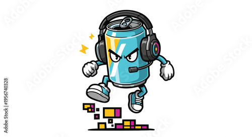 Cartoon can with headphones on.
