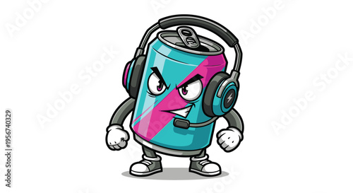 Angry soda can with headphones on.